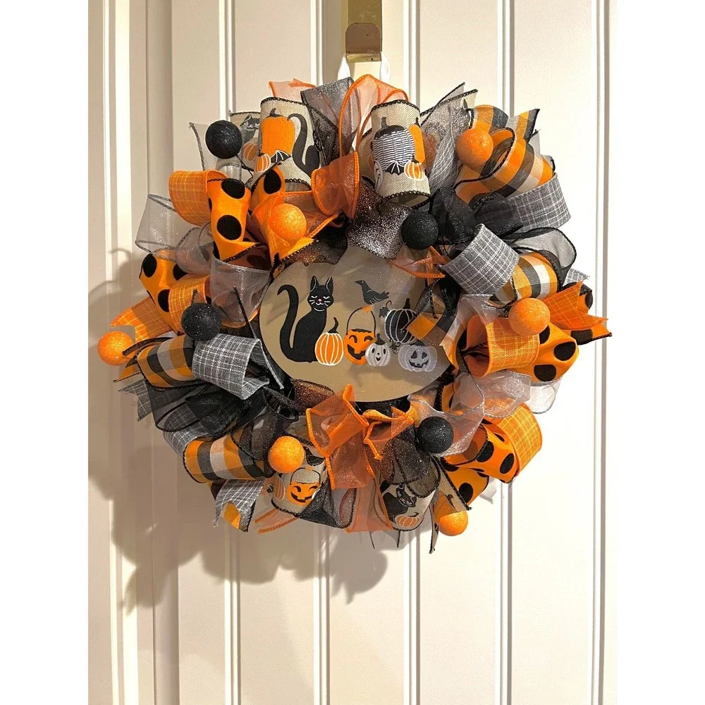 13 inch Halloween Ribbon Wreath Black Cat MW6
